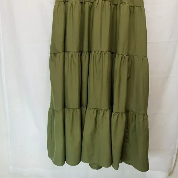 NWT Entro Olive Green Tiered Maxi Dress Sz L Puff Sleeve V-Neck Boho Cottagecore - Picture 5 of 14